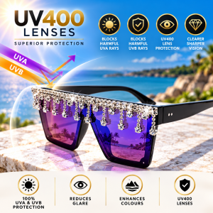 Oversized Flat Top Rhinestone Sunglasses uv400 lenses