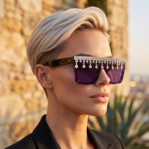 Oversized Flat Top Rhinestone Sunglasses close up