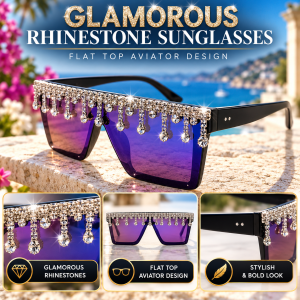 Oversized Flat Top Rhinestone Sunglasses features