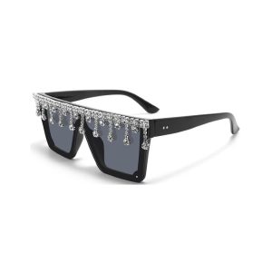 Oversized Flat Top Rhinestone Sunglasses black
