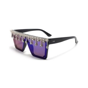 Oversized Flat Top Rhinestone Sunglasses blue