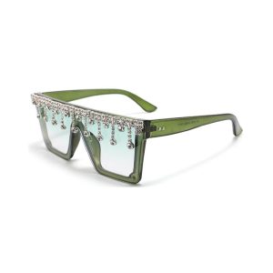 Oversized Flat Top Rhinestone Sunglasses green
