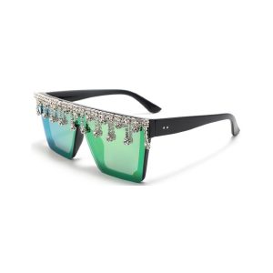 Oversized Flat Top Rhinestone Sunglasses green lenses