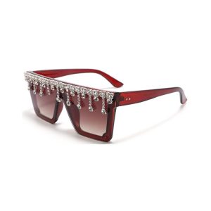 Oversized Flat Top Rhinestone Sunglasses red