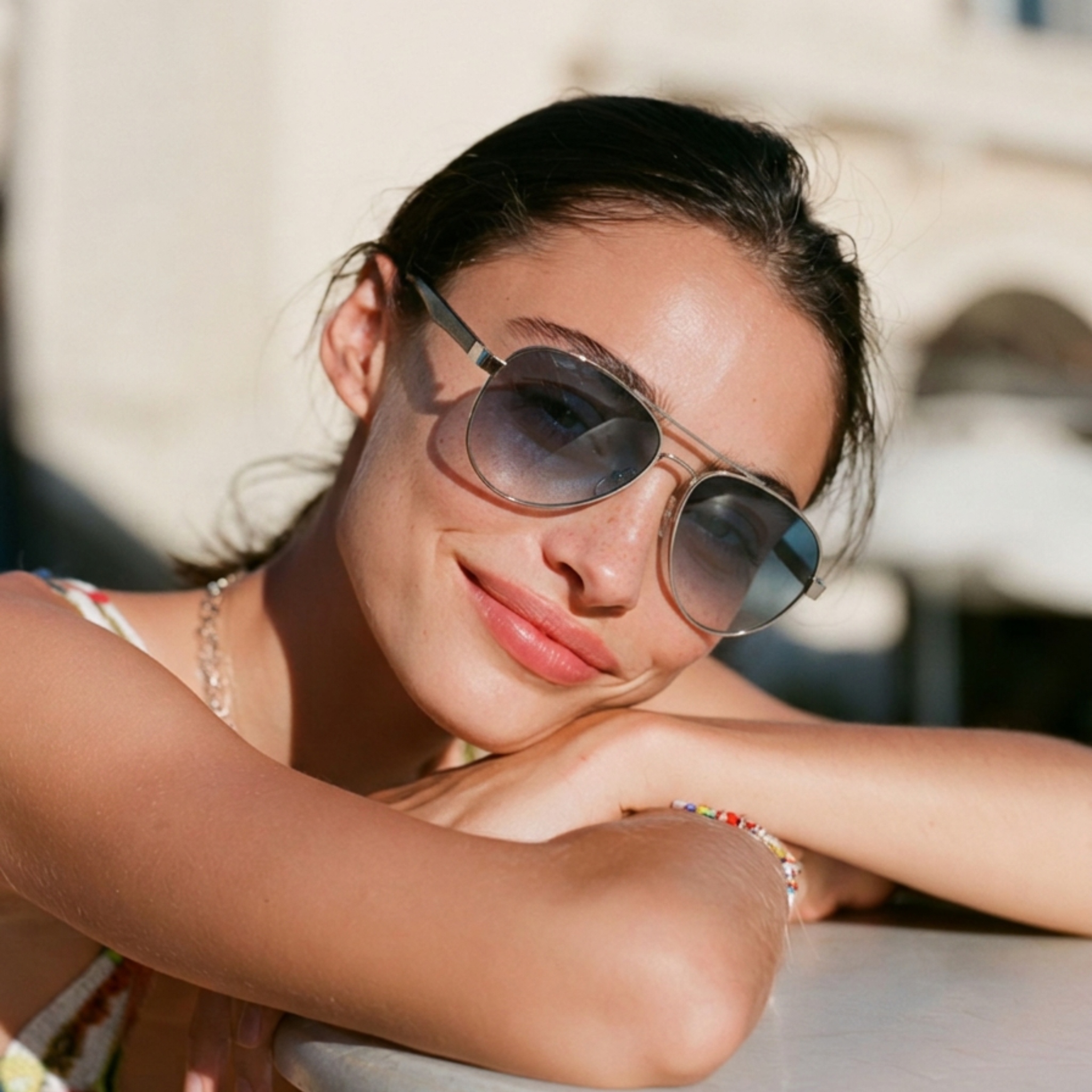 Retro Aviator Acetate Temple Sunglasses female model 2
