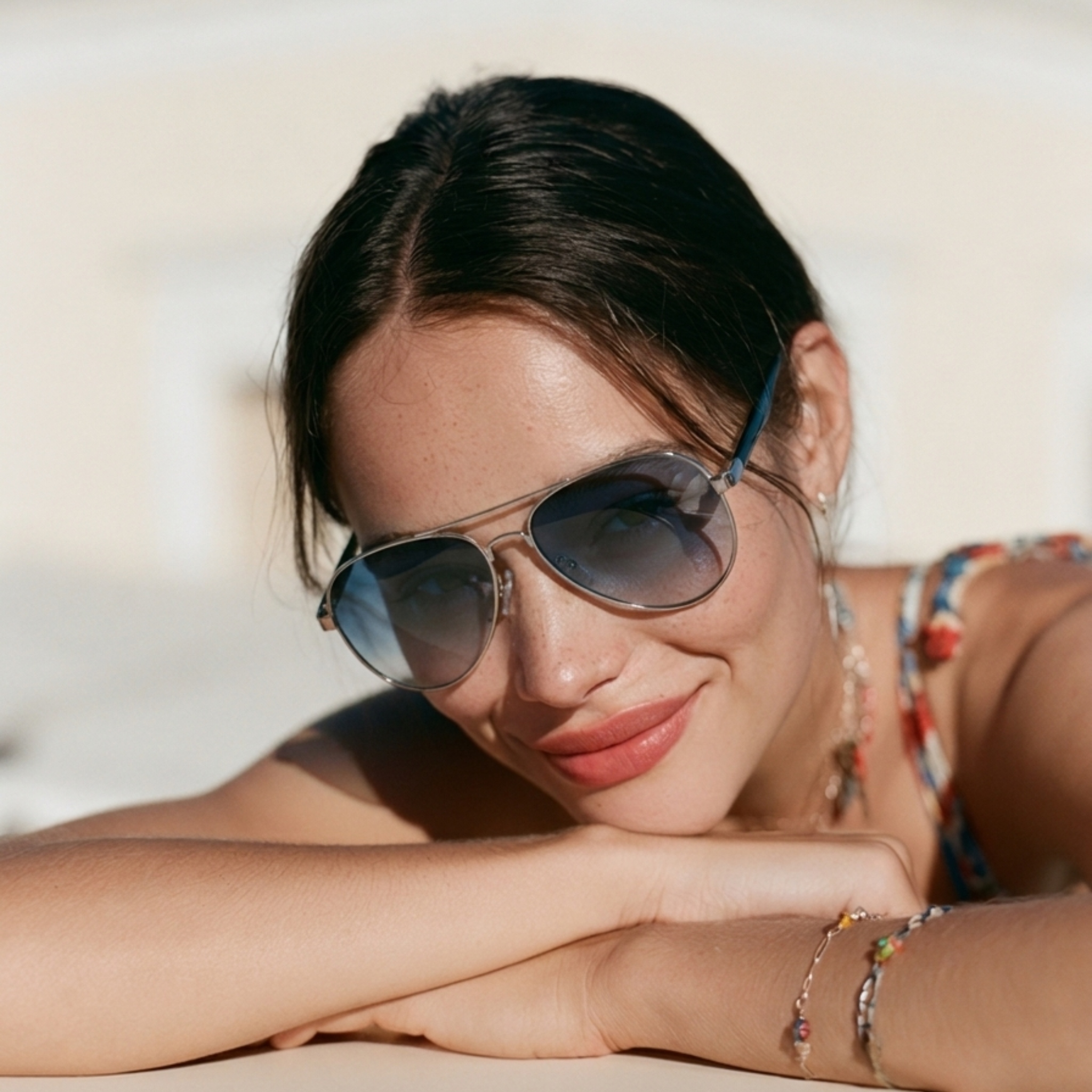 Retro Aviator Acetate Temple Sunglasses female model 1